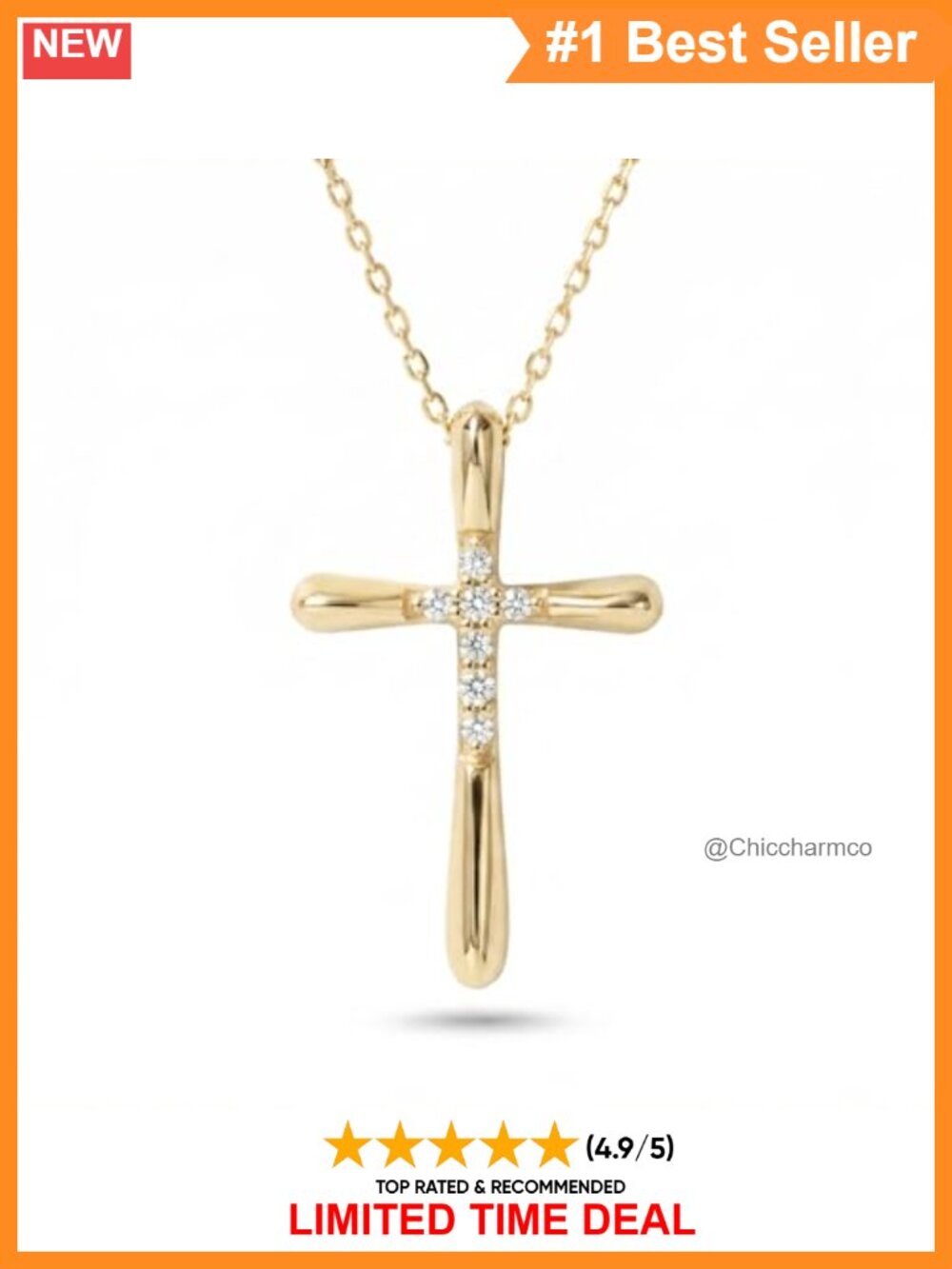 14K Solid Gold Dainty Diamond Cross Necklace 18 Inch Cable Chain Women